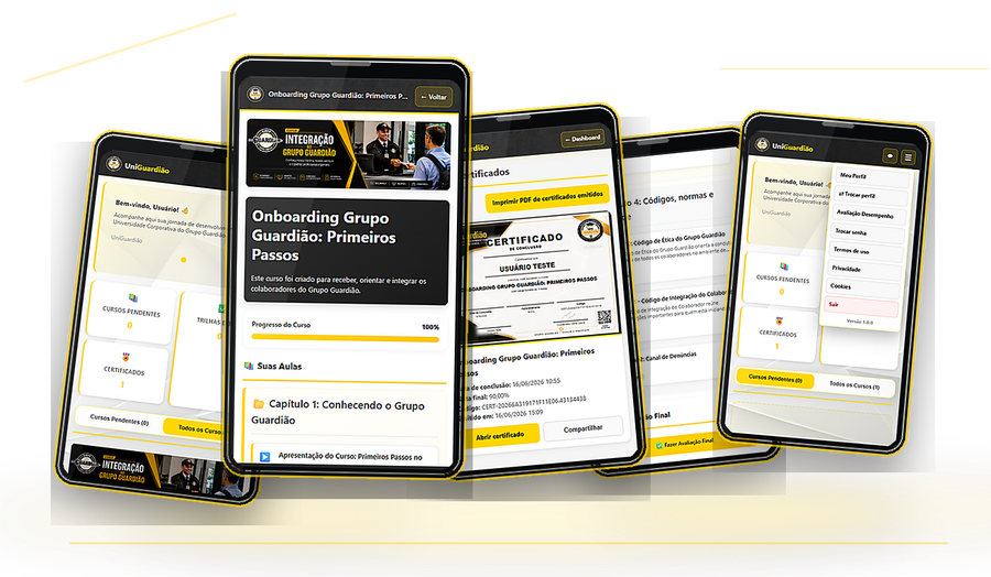 UniGuardião em telas mobile, certificado e painel do aluno